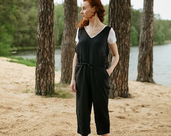 Linnen jumpsuit met zakken FRIDA, linnen overalls met V-hals, mouwloze zomerjumpsuit, biologisch linnen damesjumpsuit, losse jumpsuit