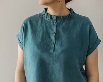 Camisa de lino con solapa RUTH, camisa de lino sin cuello y manga corta para mujer, top de verano 100% lino, blusa orgánica en verde, azul u otro color