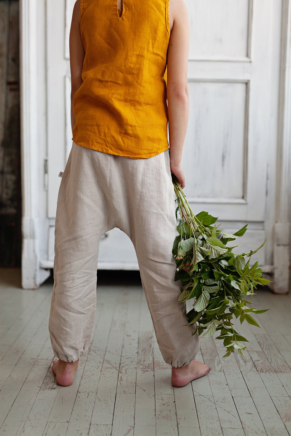 ORCHID - Linen harem pants with knee patches - Undyed White