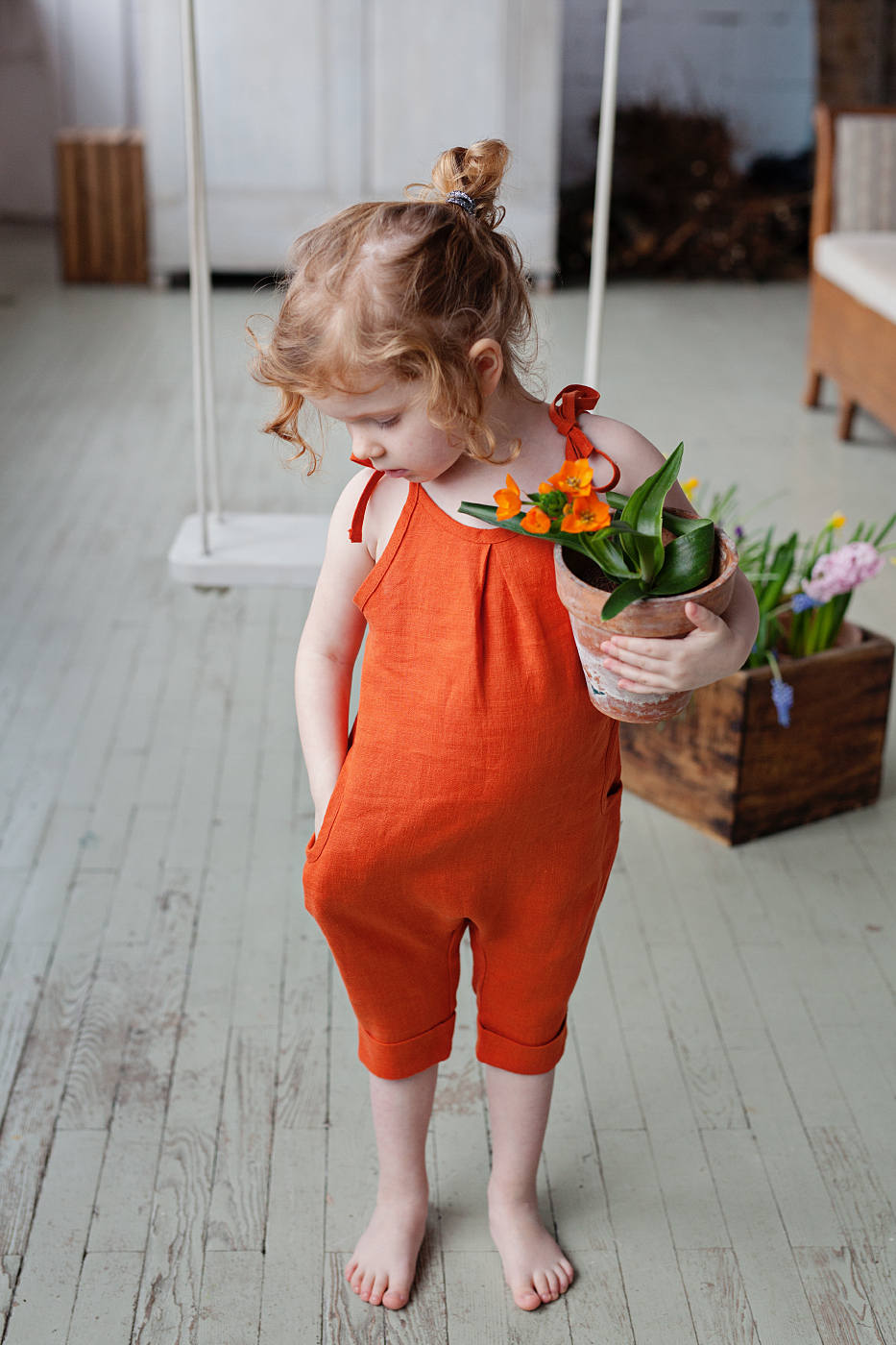 Summer girls outfit orange linen jumpsuit vintage jumpsuit | Etsy