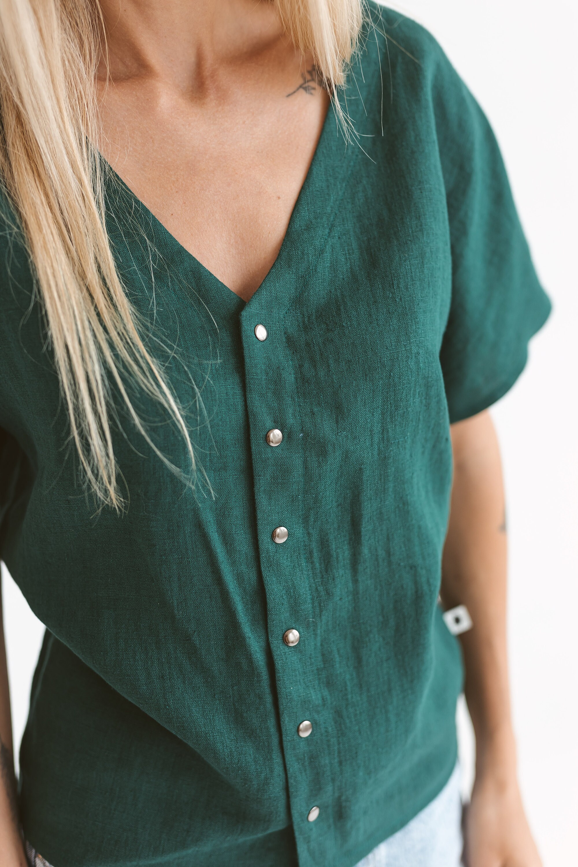 Loose Linen Blouse MAYLA, V Neck Linen Shirt With Short Sleeve, Button ...