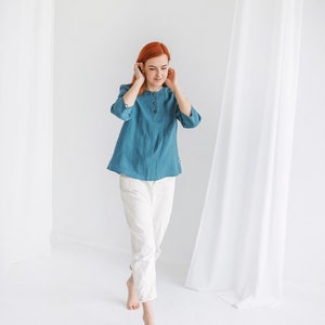 Linen tops BRENDA for women XS 3XL, Organic linen blouse with 3/4 sleeves, Plus size linen top, Button up shirt for summer image 2