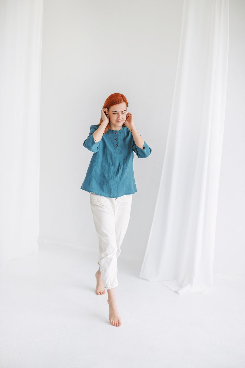 Linen tops BRENDA for women XS 3XL, Organic linen blouse with 3/4 sleeves, Plus size linen top, Button up shirt for summer image 2
