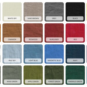 Puede incluir: Una carta de colores con 24 muestras de tela, cada una etiquetada con un nombre de color. Los colores incluyen blanco, blanco roto, marr&oacute;n arena, gris, negro, lim&oacute;n, mostaza, canela, rojo caoba, burdeos, rojo, rosa polvoriento, cuadros, cielo p&aacute;lido, azul claro, azul magn&eacute;tico, azul marino, morado oscuro, rayas grises, verde masa, verde manzana, verde bosque, verde esmeralda y turquesa.