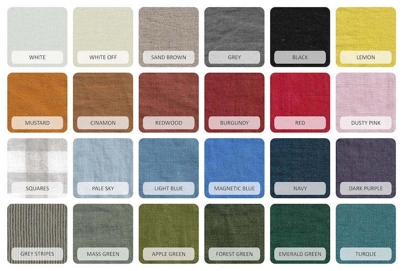 Puede incluir: Una carta de colores con 24 muestras de tela, cada una etiquetada con un nombre de color. Los colores incluyen blanco, blanco roto, marr&oacute;n arena, gris, negro, lim&oacute;n, mostaza, canela, rojo caoba, burdeos, rojo, rosa polvoriento, cuadros, cielo p&aacute;lido, azul claro, azul magn&eacute;tico, azul marino, morado oscuro, rayas grises, verde masa, verde manzana, verde bosque, verde esmeralda y turquesa.
