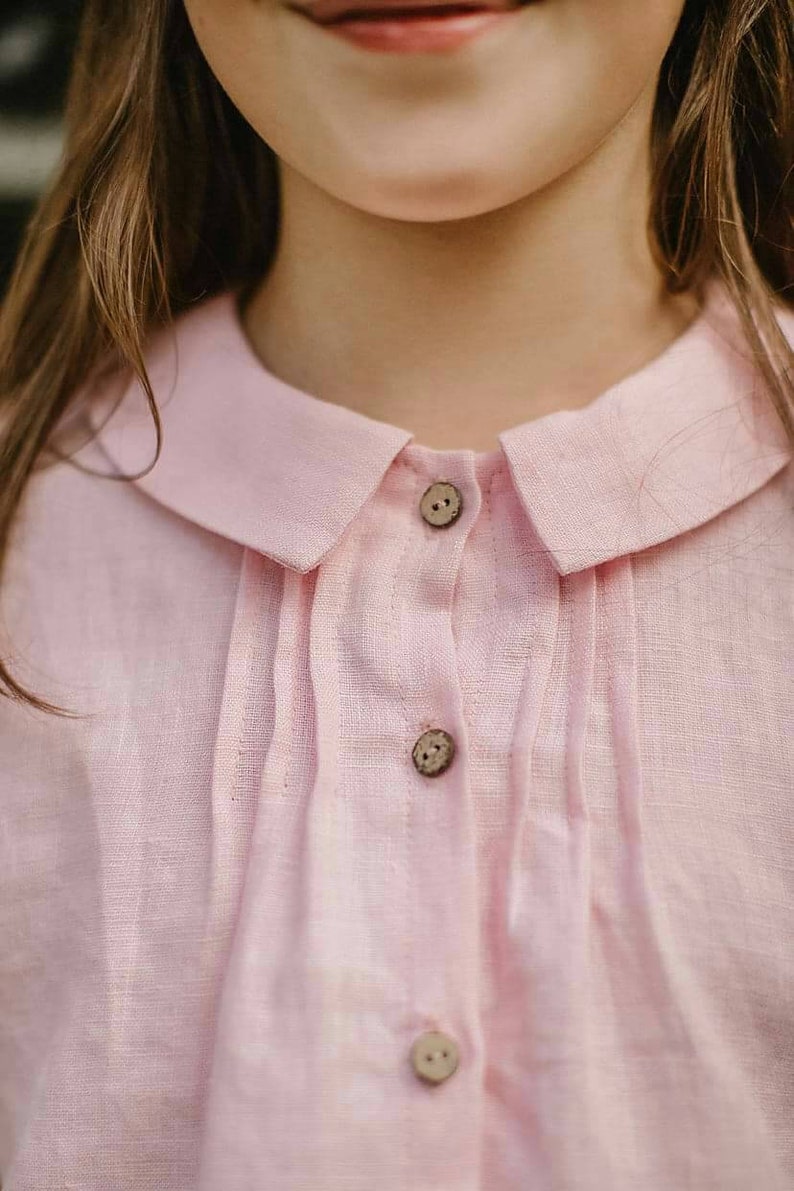 LINEN shirt for girls, Peter pan collar blouse, Linen blouse with buttons, Short sleeves button down shirt, Kids linen shirt, Summer shirt image 5