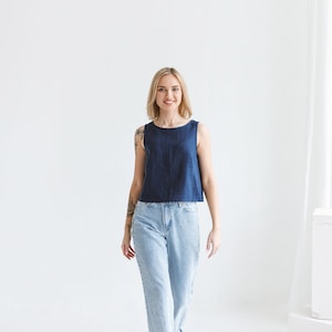 Women linen crop top VALENTINA, Loose sleeveless linen blouse for summer, Oversized linen tank top for women, Plus size blue linen shirt
