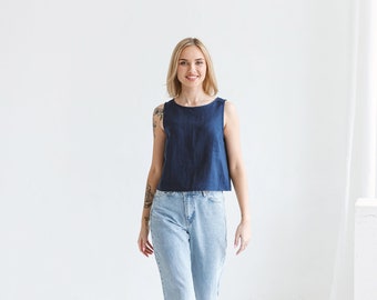 Women linen crop top VALENTINA, Loose sleeveless linen blouse for summer, Oversized linen tank top for women, Plus size blue linen shirt