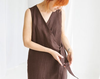 Linen dress UNA, V-neck sleeveless organic linen summer dress, linen wrap dress, semi formal linen dress, women clothing dresses