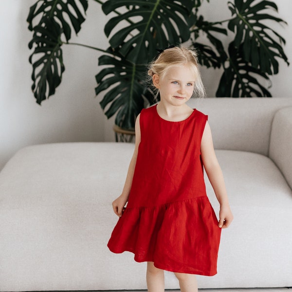 Linen dress EMMA for girls in red, Girls summer linen dress, Bohemian flower girl dress, Toddler wedding dress, Girls spring dress