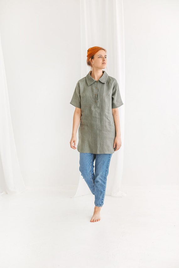 オーガニック リネン シャツ TRACI、サイズ 38、カラー マス グリーン