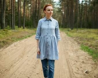 Linen tunic dress ROSE, Linen midi dress dress for summer, Organic linen tunic dress, Button up linen shirt dress, Blue linen dress