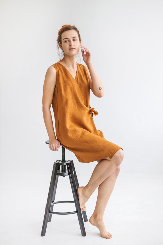 Linen Dress UNA, V-neck Sleeveless Organic Linen Summer Dress