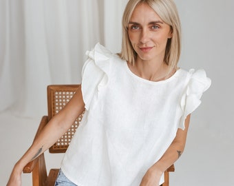 Blusa de lino con volantes y mangas cortas, Top de lino para mujer con volantes en los hombros, Top corto de lino de verano, Camisa blanca elegante de lino para mujer