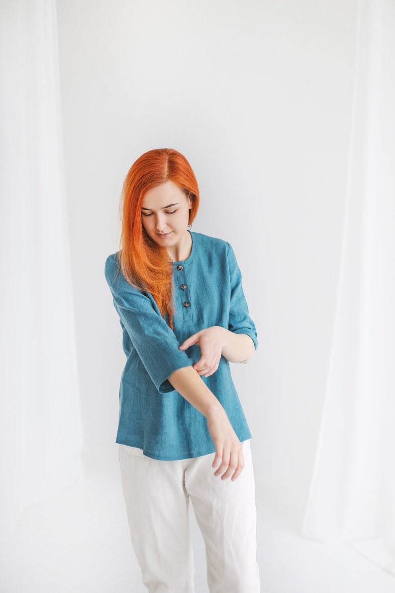 Linen tops BRENDA for women XS 3XL, Organic linen blouse with 3/4 sleeves, Plus size linen top, Button up shirt for summer image 1
