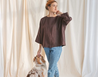 Organic linen crop top NOVA, oversized 100% linen T-shirt for women, linen kimono top with short sleeves, minimal linen blouse for summer