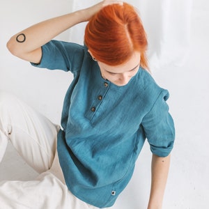 Linen tops BRENDA for women XS 3XL, Organic linen blouse with 3/4 sleeves, Plus size linen top, Button up shirt for summer image 6