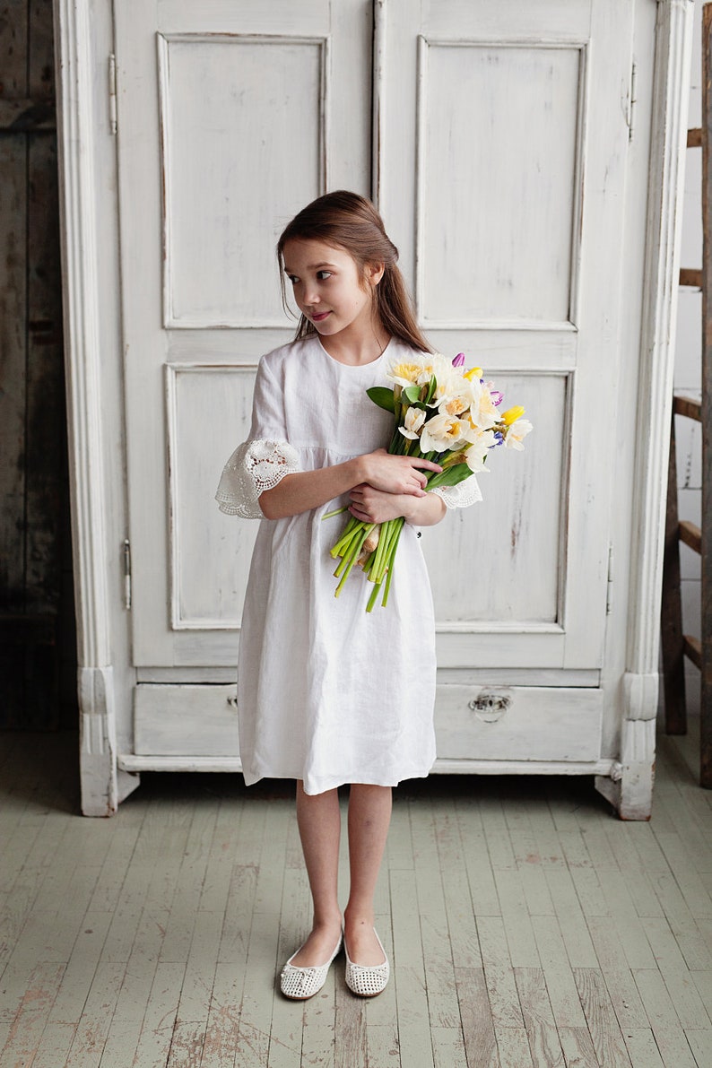 white linen flower girl dress