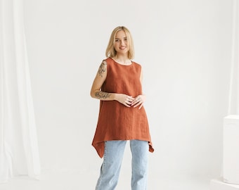 Tunique en lin sans manches GRETA, tunique ample en lin grande taille, débardeur d'été en lin, chemisier en lin pour femme, chemise longue en lin, haut en lin pour femme