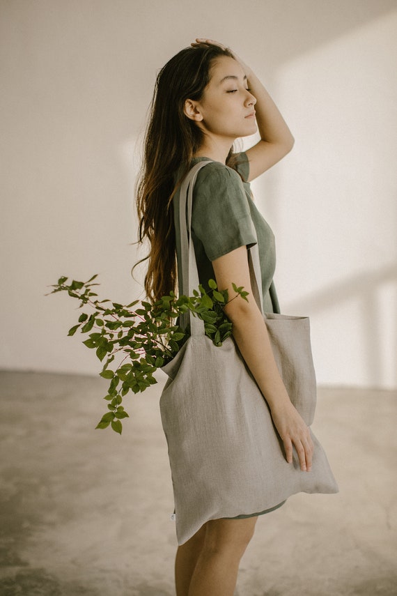Natural linen tote bag, linen shoulder bag for shopping or beach, organic reusable tote bag, white linen bag – other colors also available