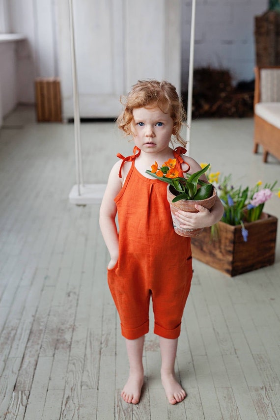 Traje de verano para niñas mono de lino naranja - Etsy España