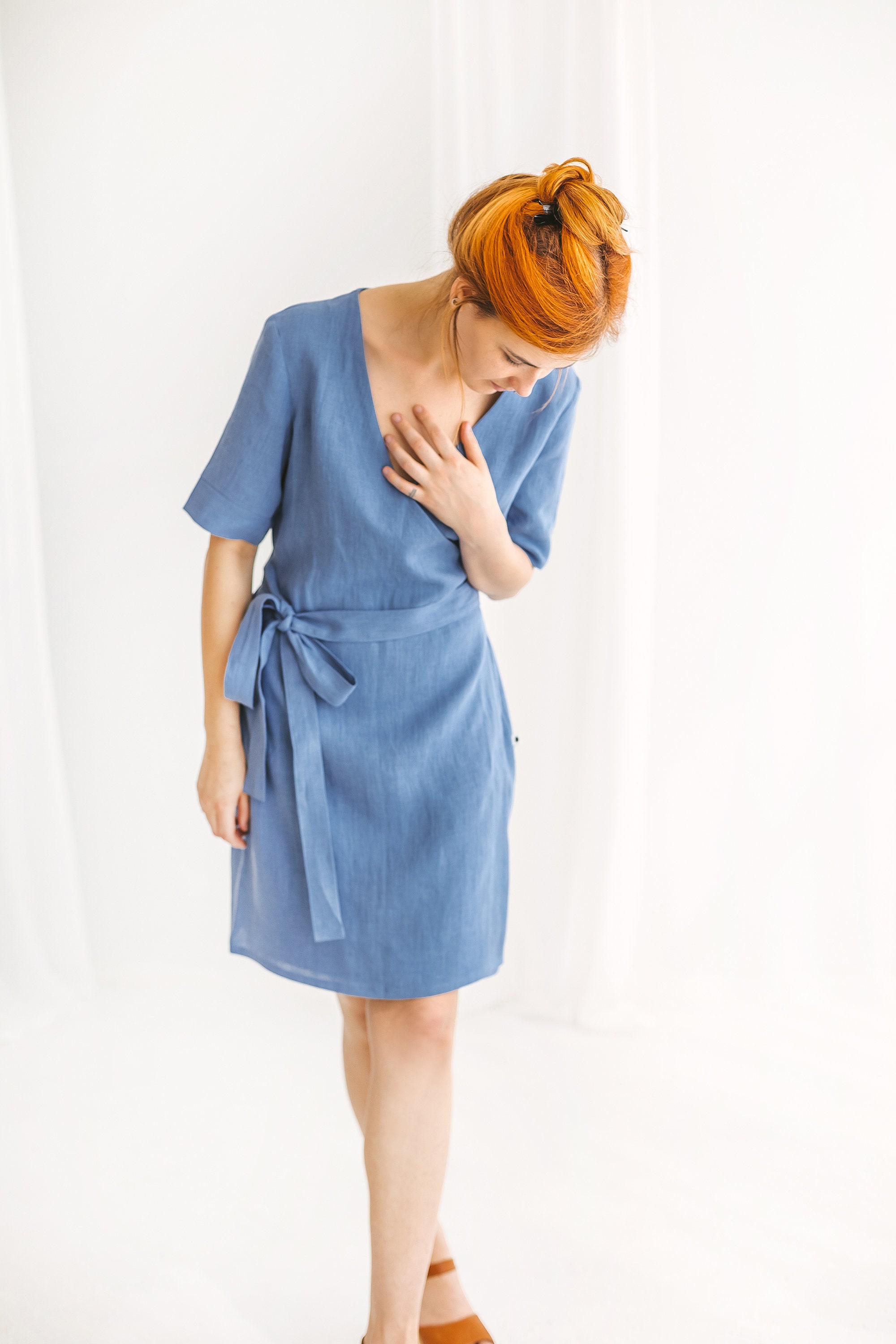 chinese dress ladies AMILA open back linen midi dress in dusty blue main image 0