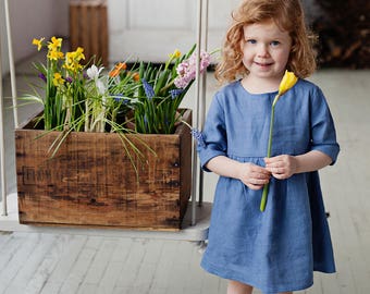 Girls dresses, Flower girls dress, Long sleeve dress, Summer dress, Toddler linen dress, Blue girl dress, Inspirational kids gift