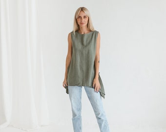 Tunique en lin sans manches GRETA, tunique ample en lin grande taille, débardeur d'été en lin, chemisier en lin pour femme, chemise longue en lin, haut en lin pour femme