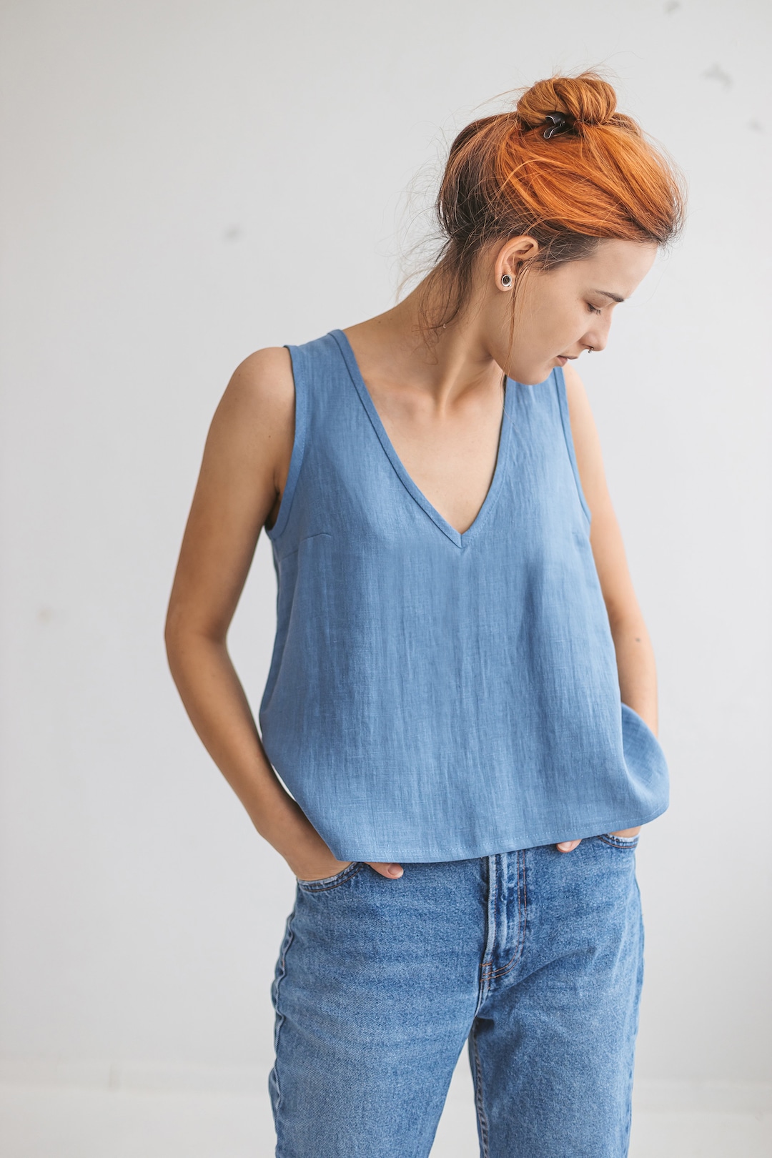 Sleeveless V-neck Linen Tank Top ANNA, Linen Summer Blouse - Etsy