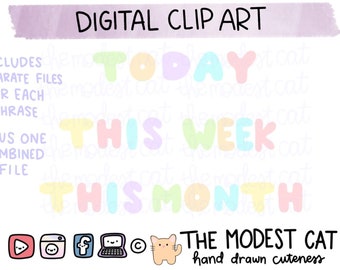 Pastel Bubble Font Planner Words -Today This Week This Month- Hand lettered Digital clip art