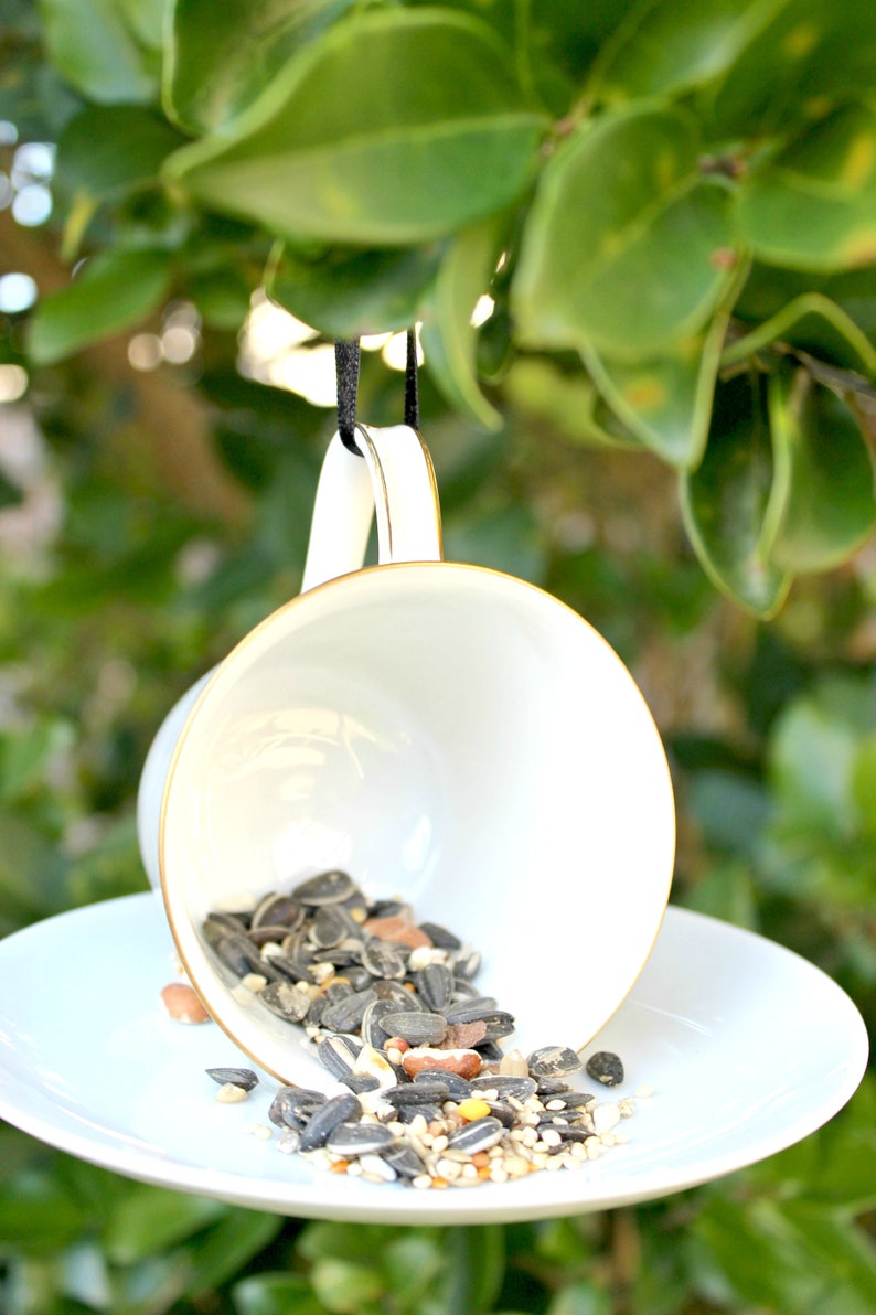 Teacup and saucer bird feeder Handmade gift for mom Unique image 1