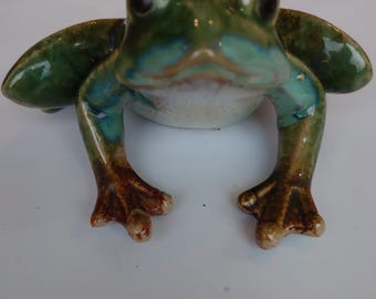 Vintage ceramic animals. Naturalistic hand painted mottled green and brown frog.     Lomonsov seal.             Green terrier dog posy vase.