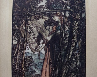 One  Arthur Rackham vintage print from a stunning selection of ten.  Published 1918.  The Rheingold and the Valkyrie by Richard Wagner.