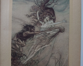 One  Arthur Rackham vintage print from a stunning selection of ten.  Published 1918.  The Rheingold and the Valkyrie by Richard Wagner.