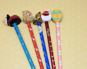 Vintage 90s pencils with toppers and eraser