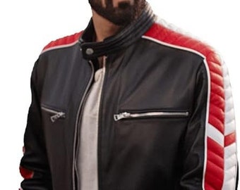 Men's Slim Fit Real Leather Jackets Stand Collar Lightweight Bomber Jacket Zip Up Motorcycle Biker Coat
