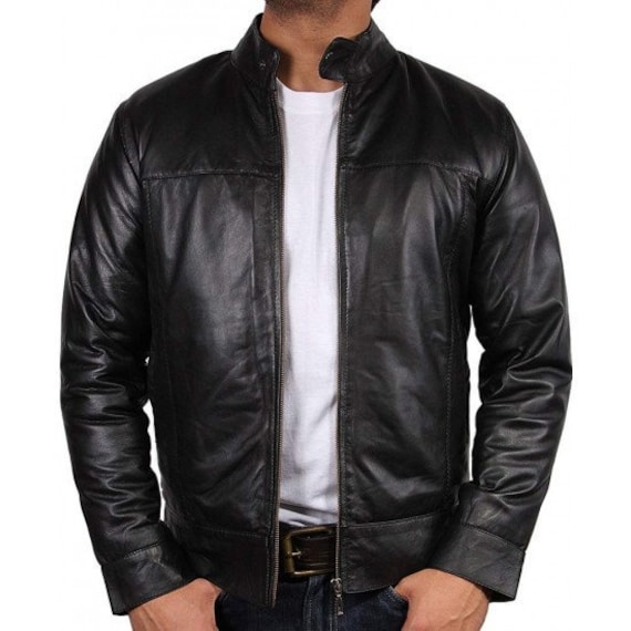 Mens Black Simple Leather Biker Jacket Etsy