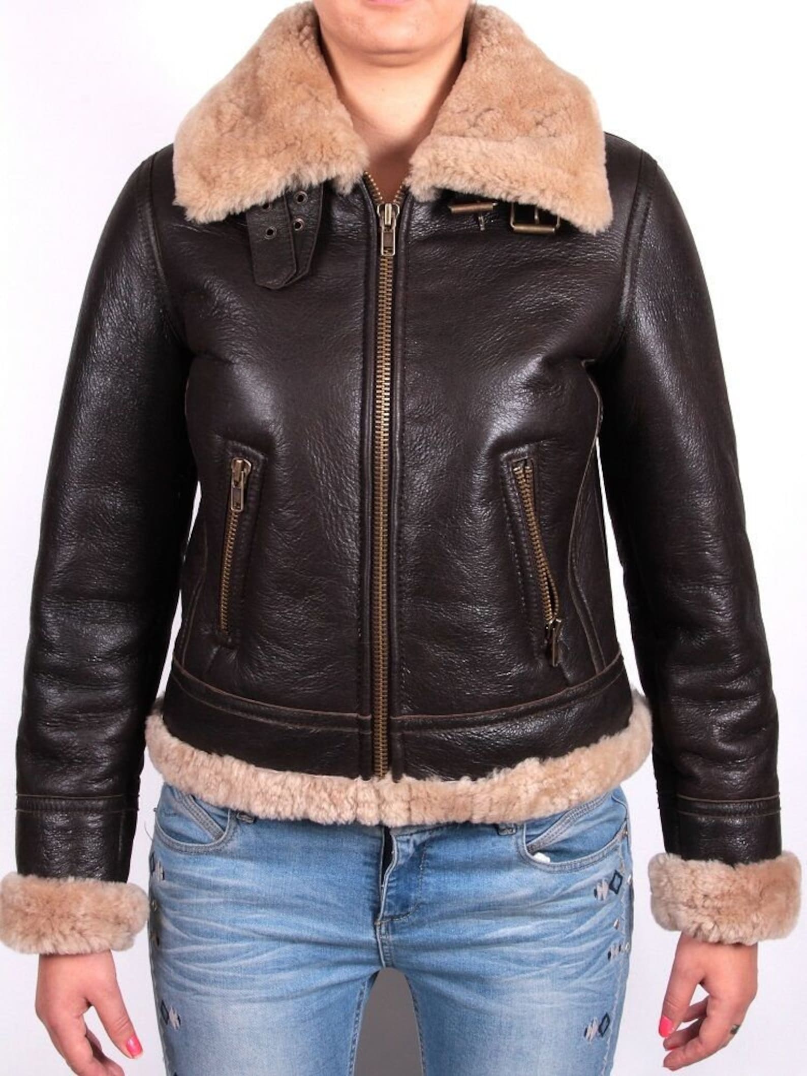 Women Brown Aviator Bomber B3 Fur Collared Jacket Genuine Etsy