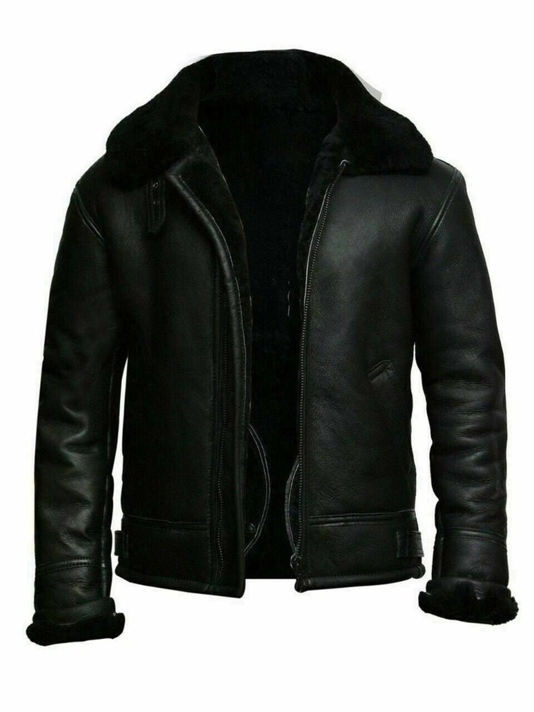 Men's Aviator B3 Flying Black Bomber Shearling Genuine Leather Jacket ...