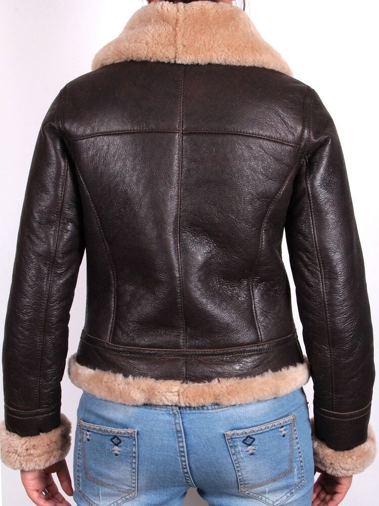 Women Brown Aviator Bomber B3 Fur Collared Jacket Genuine Etsy