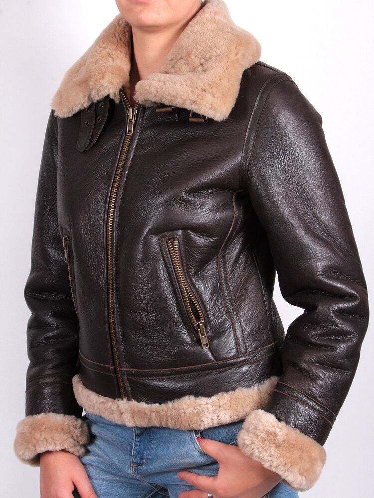 Women Brown Aviator Bomber B-3 Fur Collared Jacket Genuine - Etsy