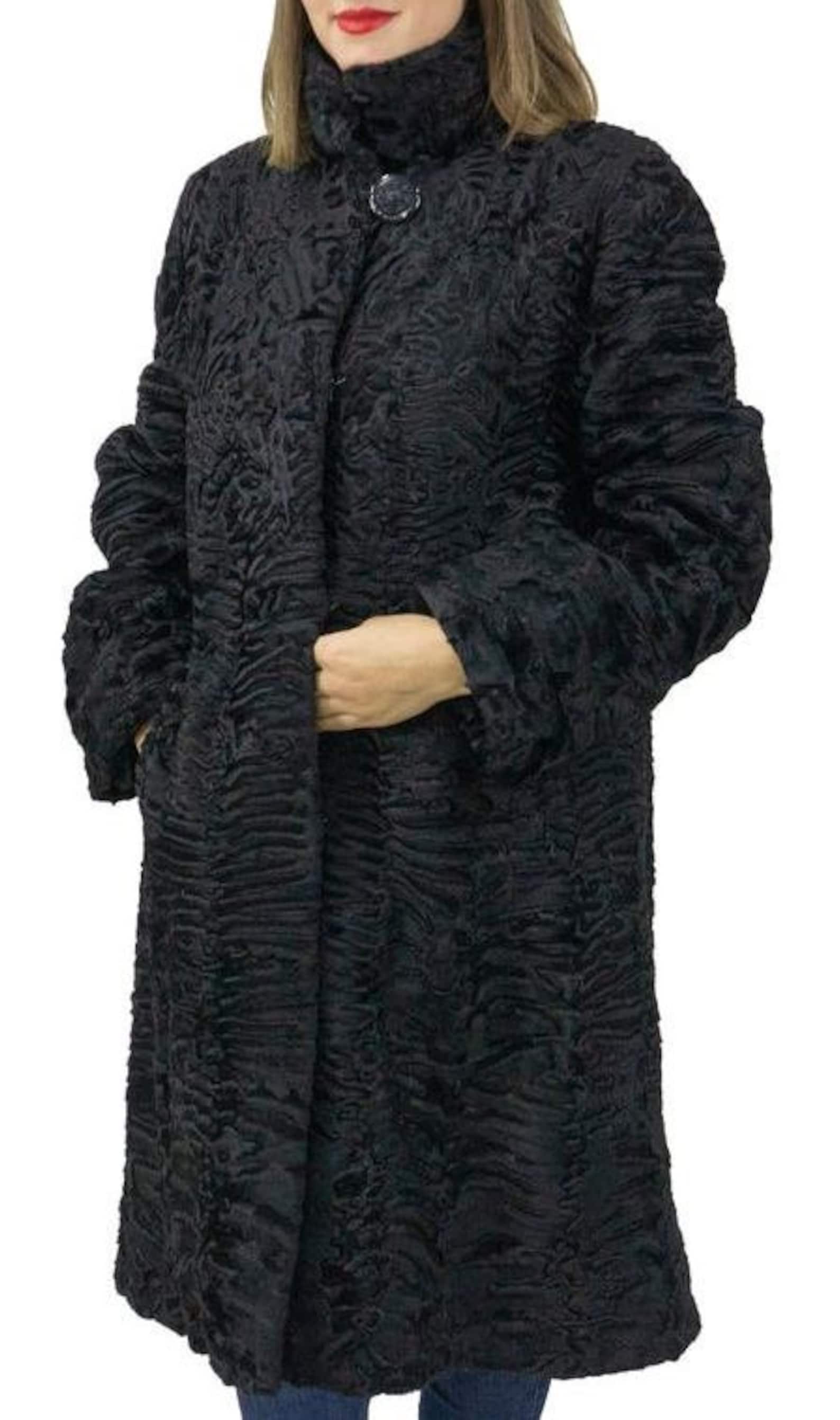 Womens Classic Style Astrakhan Fur Coat in Black Long Coat Etsy