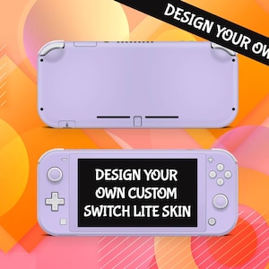 Puede incluir: Una consola Nintendo Switch Lite morada con una pantalla blanca que dice "DESIGN YOUR OWN CUSTOM SWITCH LITE SKIN".