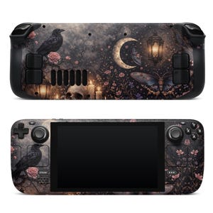 May include: A black handheld gaming console with a decorative skin featuring a gothic design. The skin includes a raven, roses, a crescent moon, a lantern, and a skull. The console has black buttons and a black screen.
