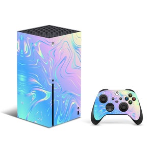 Peut inclure: Une console Xbox Series X et une manette de couleur bleu et violet irisé avec un motif tourbillonnant.