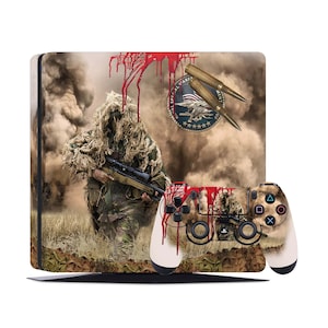 May include: A camouflage-patterned Playstation 4 console skin with a sniper in a ghillie suit, blood splatter, and a US Navy SEAL insignia. The matching controller skin features a similar camouflage pattern with blood splatter.