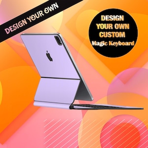 May include: A purple Magic Keyboard with a matching iPad cover. The keyboard is attached to the iPad cover, and the iPad is closed. The text "DESIGN YOUR OWN CUSTOM Magic Keyboard" is visible in the image.
