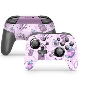 May include: A pink and purple Nintendo Switch controller skin with a tarot card and potion design. The skin features a repeating pattern of tarot cards, potions, and crystals.