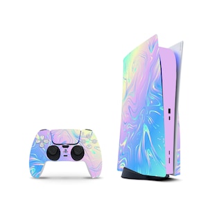 May include: A white and purple PlayStation 5 console with a holographic swirl design. The console is standing upright and is next to a matching white and purple controller.