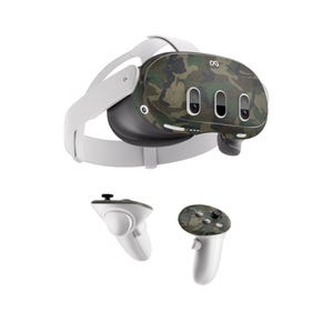 May include: A white virtual reality headset with a camouflage pattern skin. The headset has a white headband and two white controllers with camouflage pattern skins.